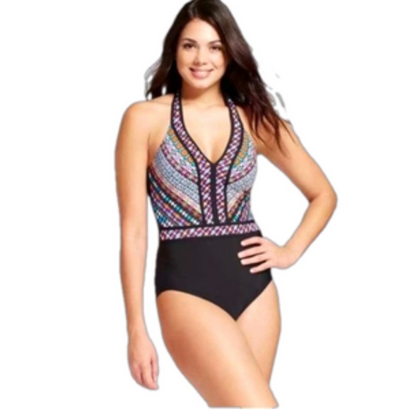 Aqua Green XL black geometric print tie neck one piece halter swimsuit - Picture 1 of 12